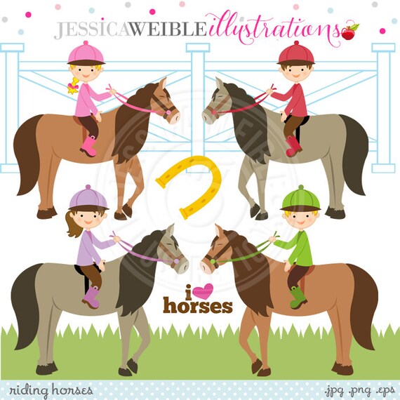Riding Horses Cute Digital Clipart - Commercial Use OK - Equestrian Kids Clipart, Kids Riding Horses, Cute Horse Clipart Il_570xn
