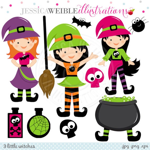 3 Little Witches Cute Digital Clipart for Card Design, Scrapbooking, and Web Design, Halloween Witch Clipart Il_570xn