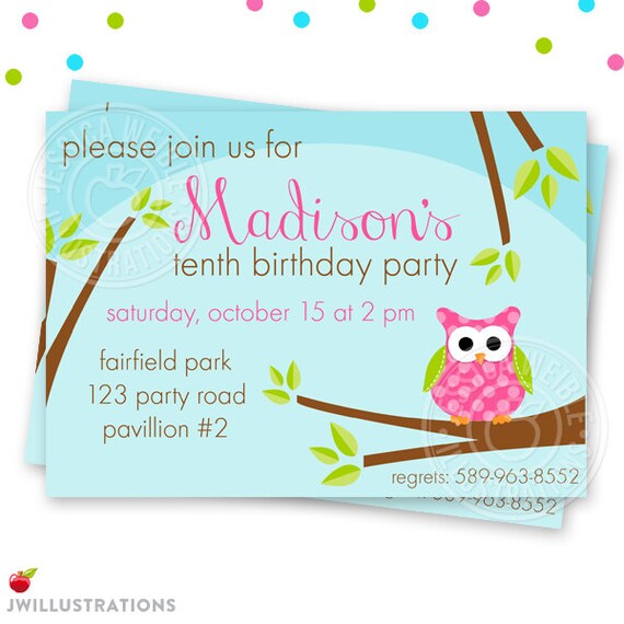 Polka Dot Owl Printable Birthday Party Invitation - 4x6 or 5x7 Custom Owl on Branch Party Invitation- Owl Party Printable Invite Il_570xn
