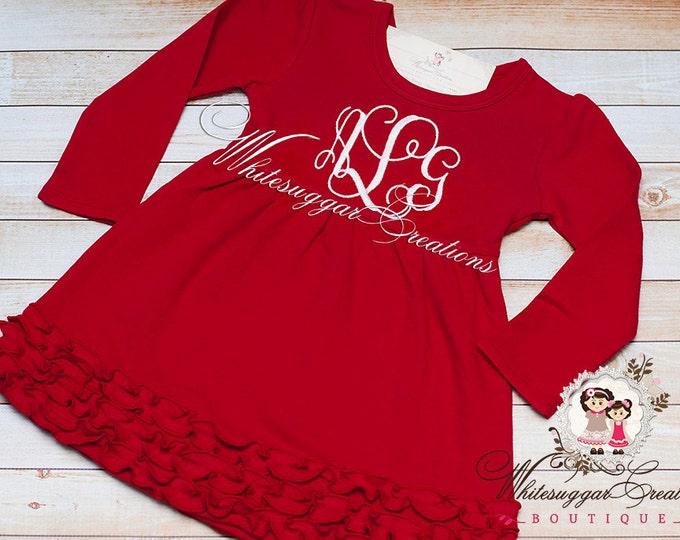 Girls Monogrammed Red Dress - Custom Girls Red Ruffle Dress - Girls Red Outfit - Christmas Personalized Dress