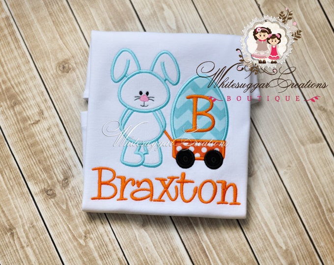 Boy Easter Bunny Wagon Appliqued Shirt - Custom Bunny Personalized shirt - Boys Easter Outfit