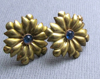 Antique Flower Earrings Blue Center Stone 12 kt GF
