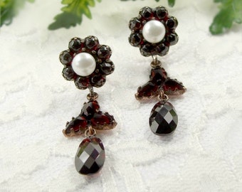 Vintage garnet earrings w/ freshwater pearls in Victorian style || ГРАНАТ #PK