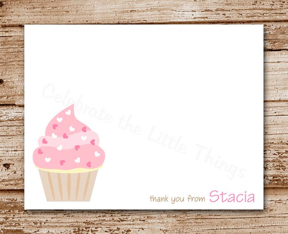 Set of 8 Cupcake Thank You Cards for Girls | Birthday | Personalized Stationery, Note Cards, Notecards | Hearts, Pink Il_570xn