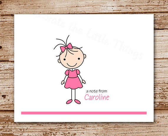 Stick Girl Note Cards (set of 8) Personalized Stationery | Stick Kids, Stick Figure, Little Girl Notecards Il_570xn