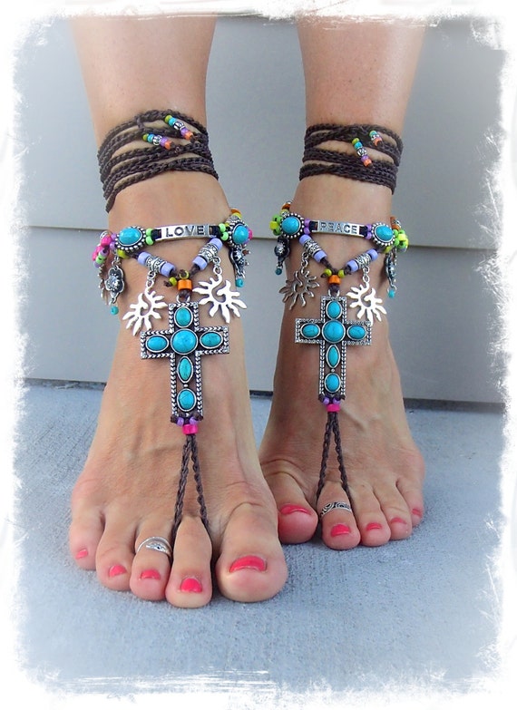 Turquoise CROSS BAREFOOT Sandals Festival sandals Cowgirl Mexican ...