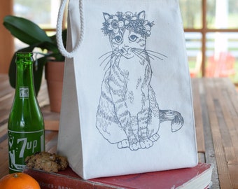 Lunch Bag - Screen Printed Recycled Cotton Lunch Bag - Reusable and Washable - Eco Friendly - Handmade - Lunch Box - Cat - Canvas Bag