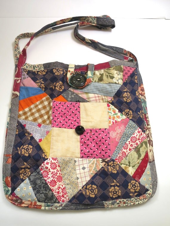 Patchwork Bag Vintage Fabrics Button Trim Pinwheel Pattern