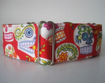 Red Martingale Collar, Day of the Dead Dog Collar, Day of the Dead Martingale Collar, 1.5 Inch Martingale Collar Greyhound Martingale Collar