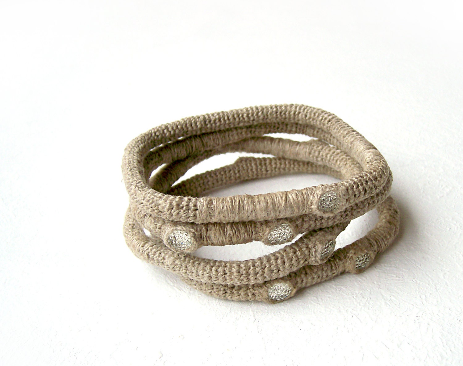 Burlap Twine Bracelets Four Bangles Set Primitive Stacked
