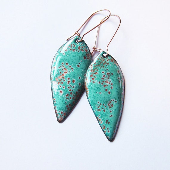 Mint green enamel earrings Seafoam and gold leaf dangle earrings Gift