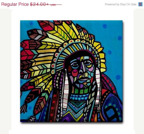 50% OFF - American Indian Chief Art Tile Ceramic Coaster Print of painting by Heather Galler Abstract Portrait