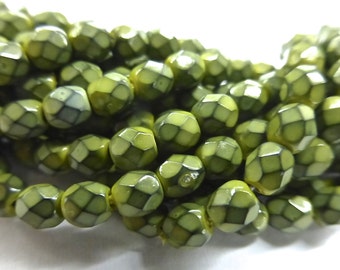 100 Czech Glass Fire Polish in a Olive Snake Skin Beads in size 6mm Round