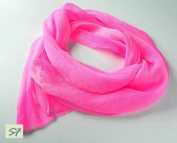 Hot Pink Silk Scarf Chiffon Crinkle Scarf Wrap Soft by SilkFantazi