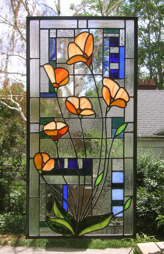 California Poppies Over Geometric 12 x 24Stained