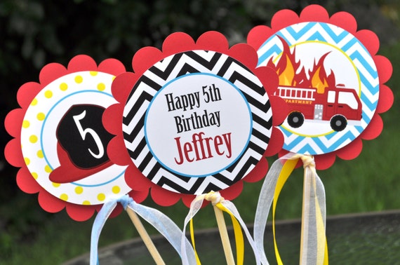 Fire Truck Birthday Centerpiece Sticks - Fire Truck Birthday Decorations - Boys Firetruck Theme Party - Set of 3 Il_570xn