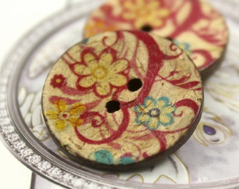 Flower Wooden Buttons - Vine and Flower Coconut Buttons 1 inch . 6 in a set