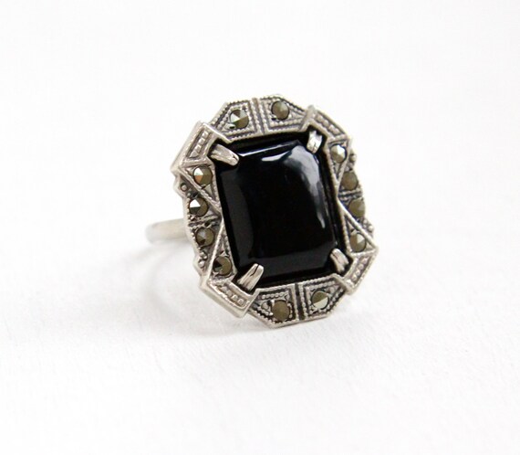 Vintage Art Deco Black Onyx & Marcasite Ring Size 6 1930s