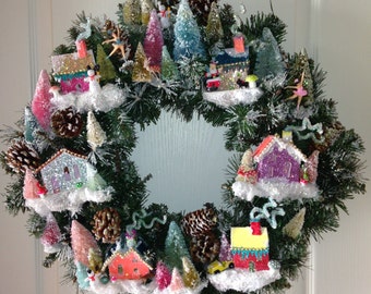 wholesale brush bottle tree Hand Wreath Brush w/ Village Putz House Christmas Trees Dyed Bottle