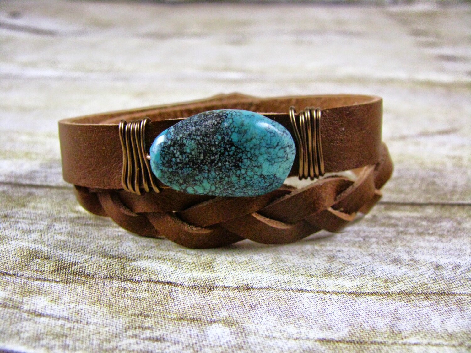 Leather Wrap Bracelet Turquoise Stone Cuff Wire by lillianschmoo