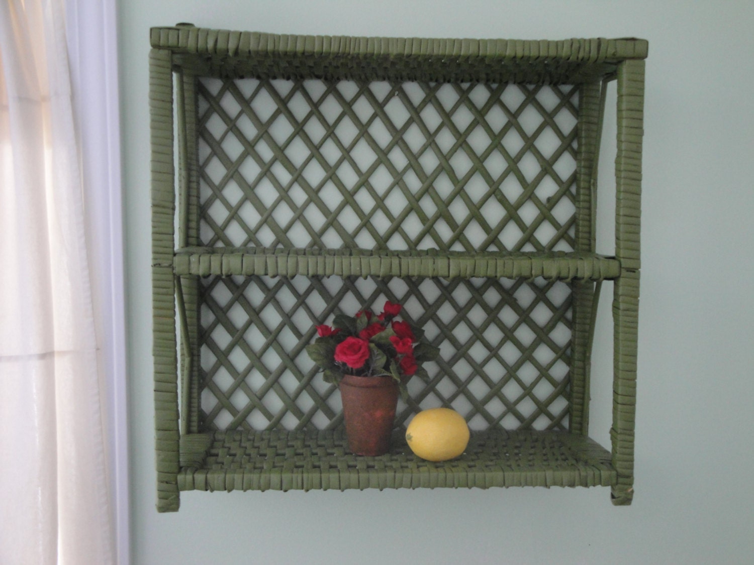 Green Wicker Shelf Slightly Shabby Can be Hung or by Bluewater930