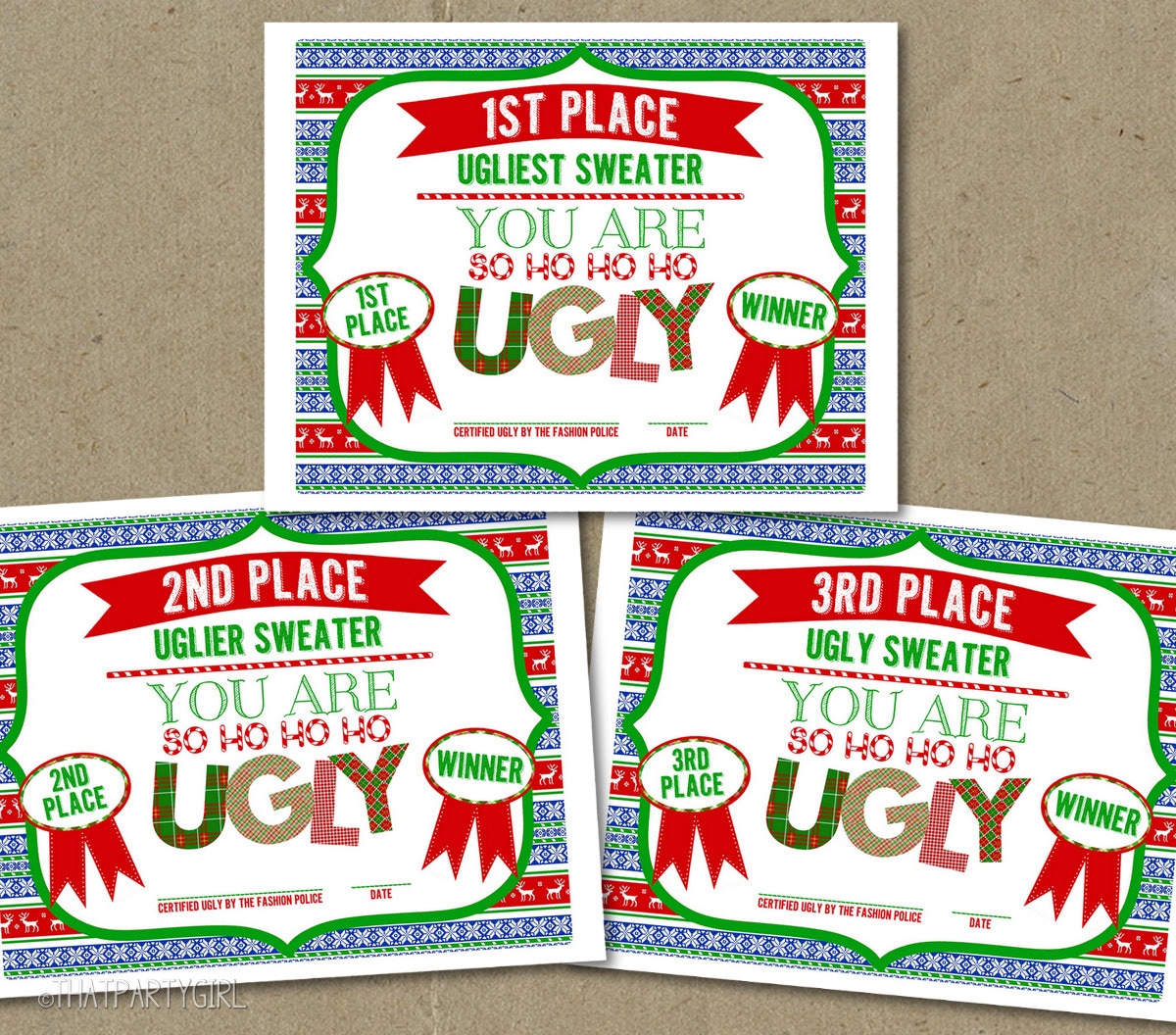 Ugly Sweater Party Certificate Awards Decorations Favors