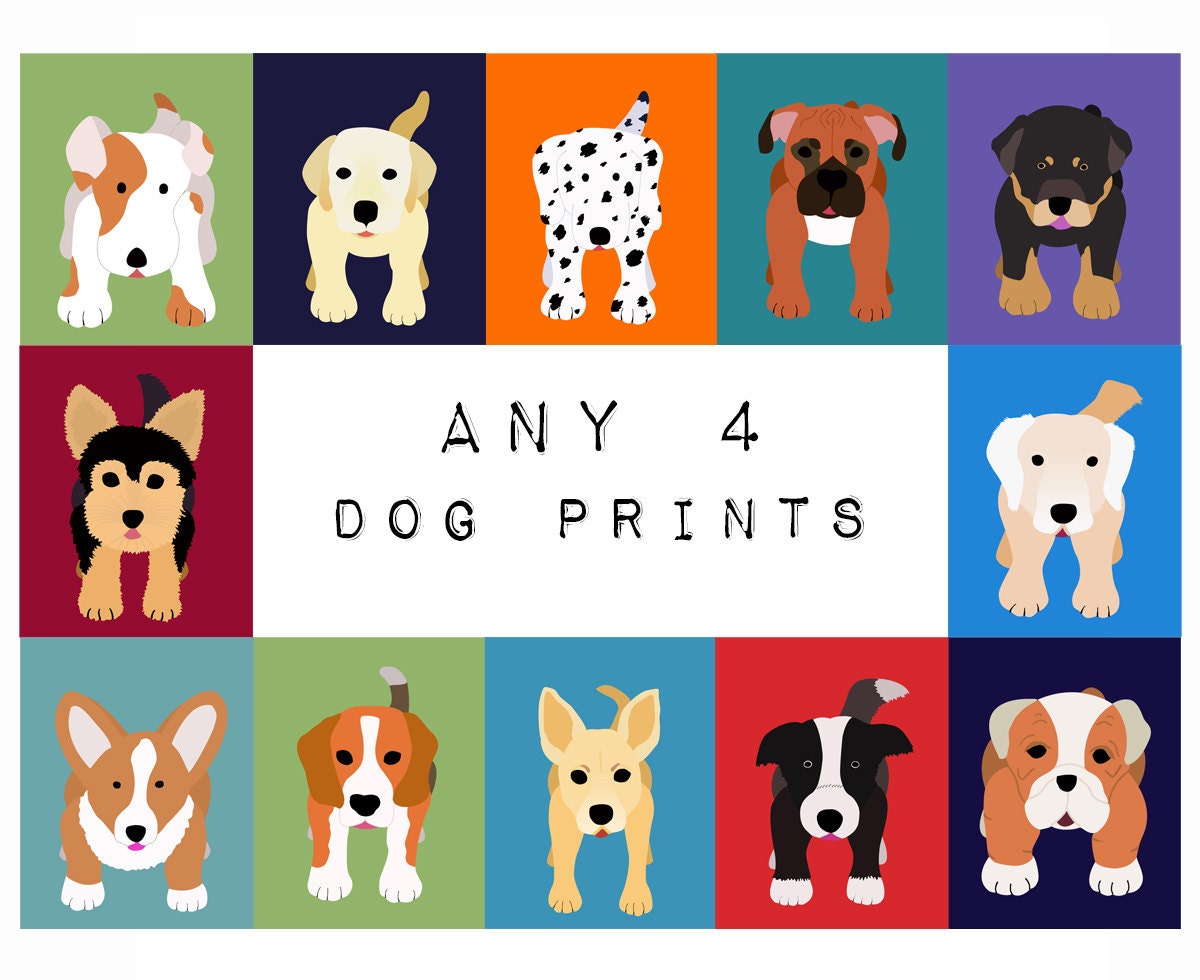 Dog prints Dog Art. Puppy nursery art prints SET OF ANY 4