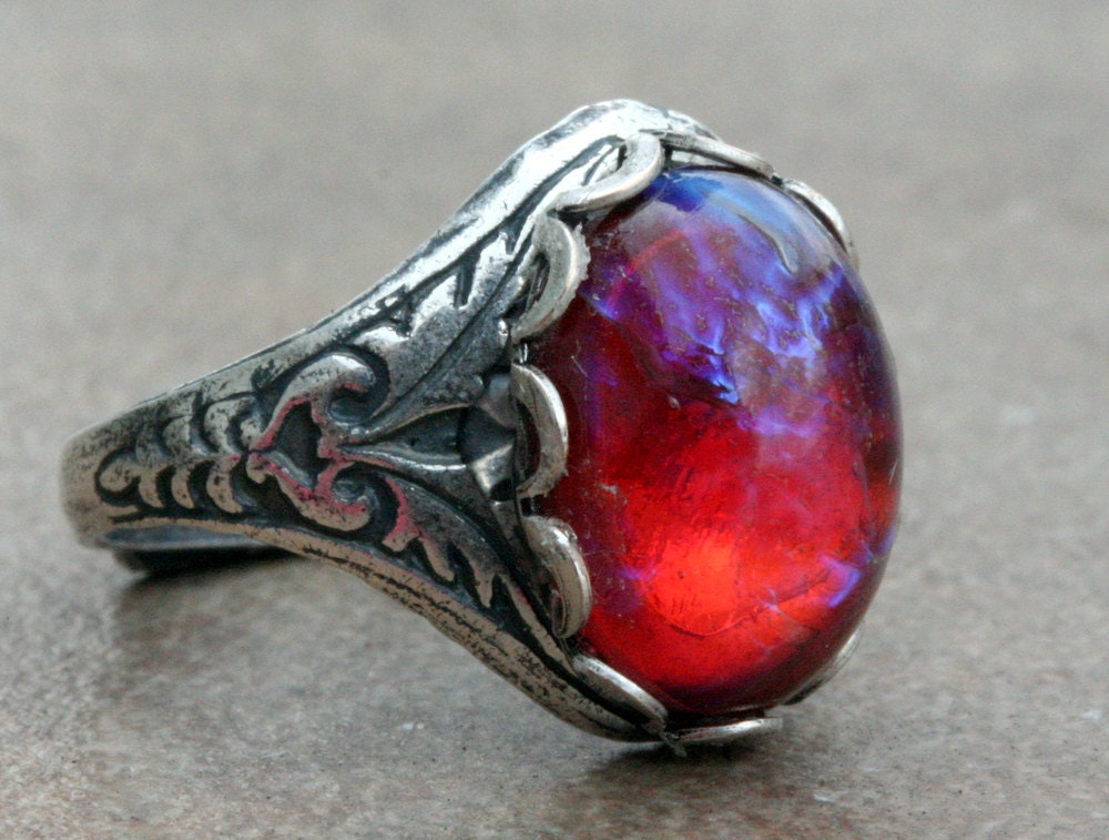 Fire Opal  Dragons  Breath  Ring  Adjustable Mexican Opal  Silver