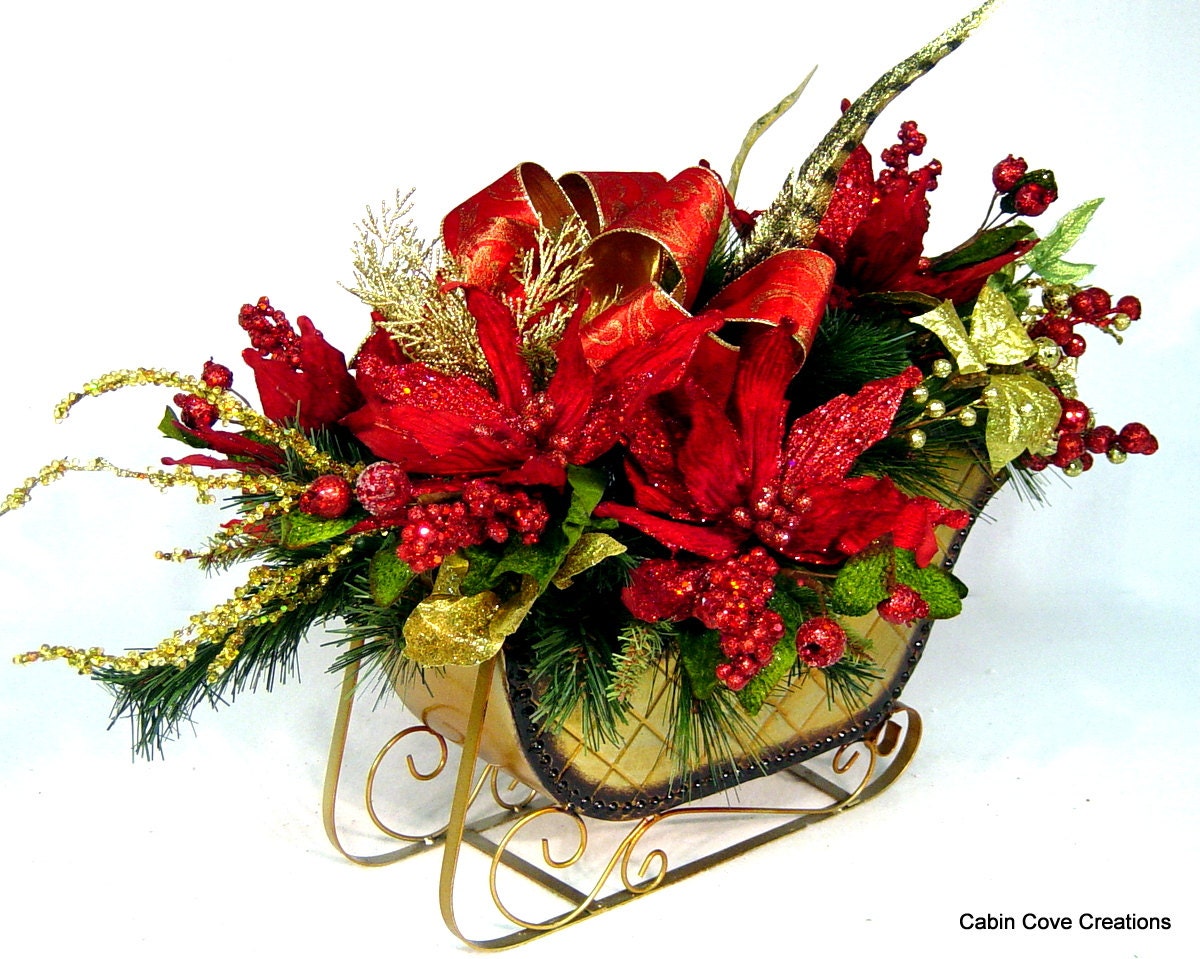 Elegant Sleigh Centerpiece Floral Arrangement Traditional red n gold Poinsettias matching Wreath available Custom by Cabin Cove Creations