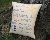 Happy Snowman Pillow, Primitive Embroidered Stitchery, Winter Snow Flakes, Large Pillow, Blue lavender purple, Christmas stars decor, BICOFG