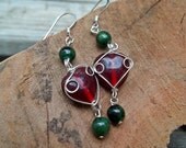 Heart Shaped Christmas Earrings - Red and Green Jasper Glass Beaded Dangles - Christmas Gift