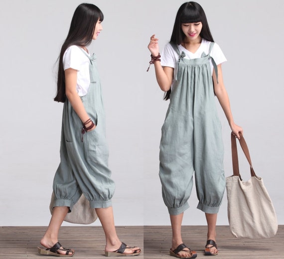 Casual Loose Fitting Linen Suspender Slacks Overalls QK605