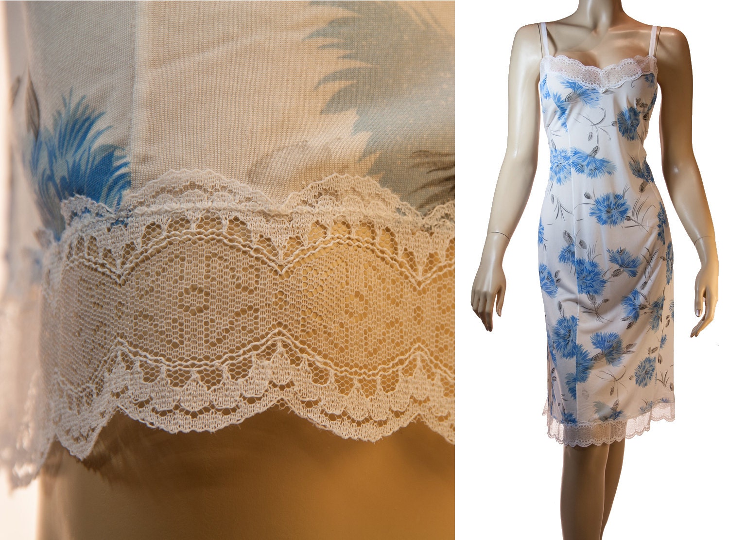 Charming XL Plus size white and blue floral design sheer soft nylon and