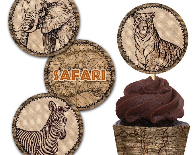 Jungle Safari Adventure Cupcake Wrap and Cupcake Toppers, Instant Download, Print your own