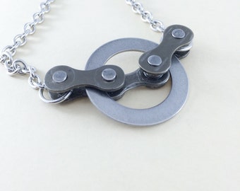 bicycle chain and steel circle bike jewelry, bicycle necklace, fixie gift, mountain bike necklace, bmx jewelry, road bike gift
