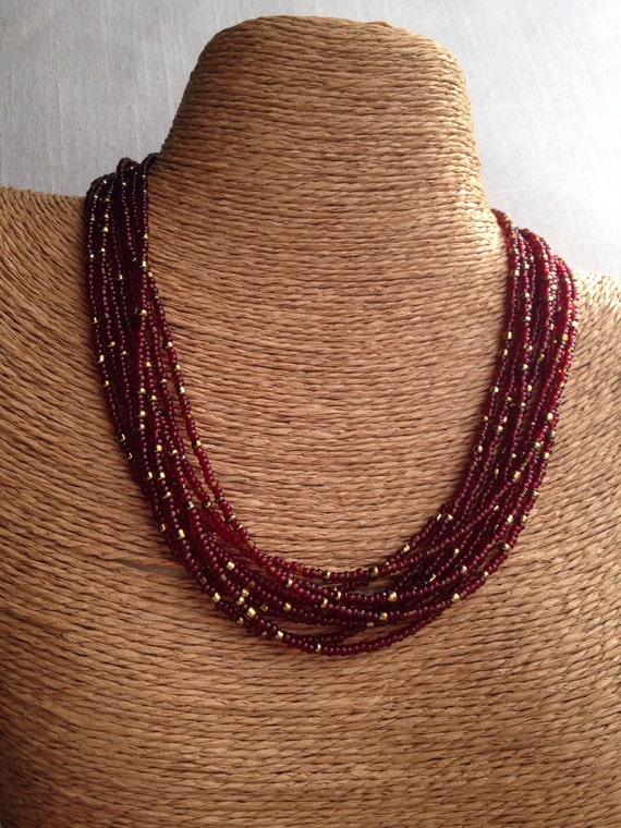 Items similar to Maroon and gold necklace, gold and maroon multi-strand ...