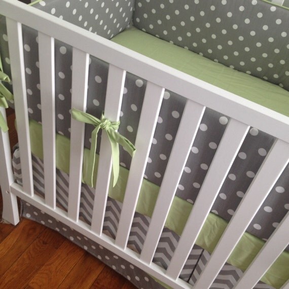 Items similar to Gender neutral 3 pc crib bedding set in gray and green