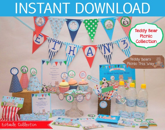 Teddy Bears Picnic Party EDITABLE Stationery Collection (Boys Colours) Il_570xn