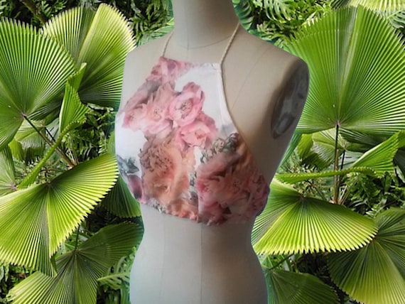 Gorgeous Rose Bloom Floral Bouquet Print Handmade Halter Top size Small