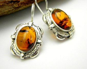 Sterling silver amber earrings - retro rustic style - honey brown oval earrings, dangle earrings, Amber jewelry