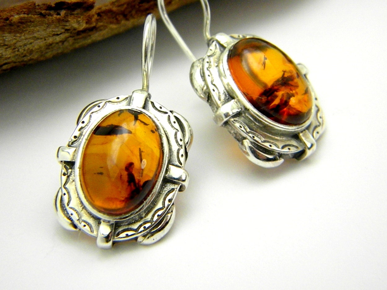 Sterling silver amber earrings retro rustic style honey