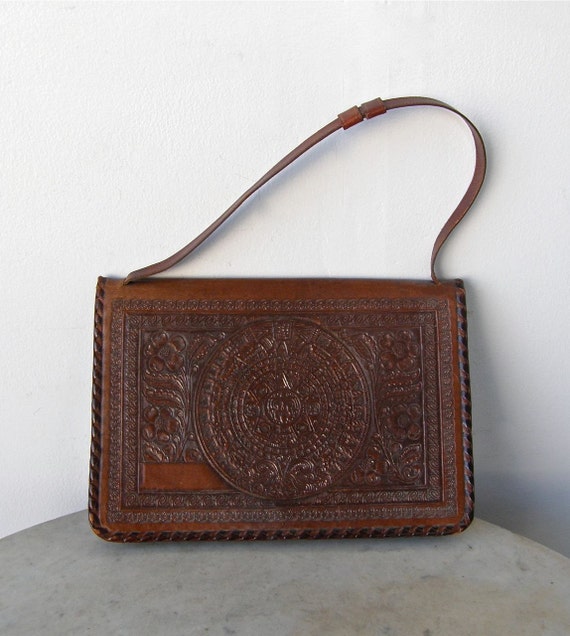 MEXICAN LEATHER PURSE Burgungy Tooled Leather Handbag Carry All Small ...
