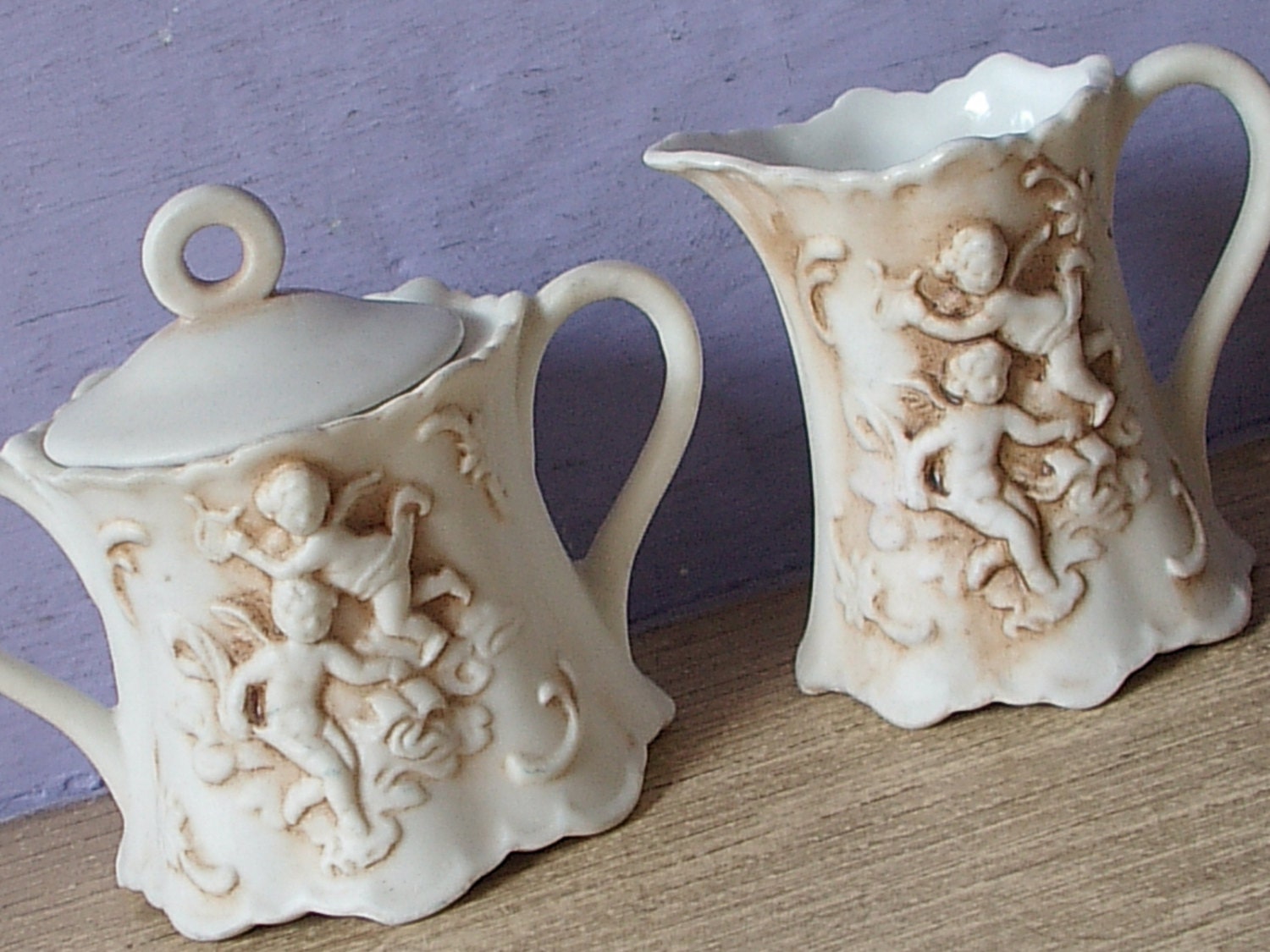 Vintage bisque porcelain creamer and sugar bowl with lid set, Lefton