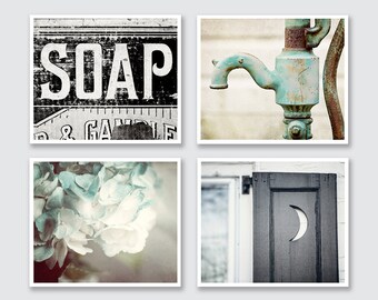 Rustic Bathroom Decor Set of 4 Prints or Canvas Art, Bathroom Art, Bathroom Print Set, Bath Decorating, Bathroom Wall Art, Set of 4.