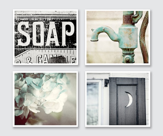 Rustic Bathroom  Wall  Decor  Set of 4 Prints or Canvas Art 