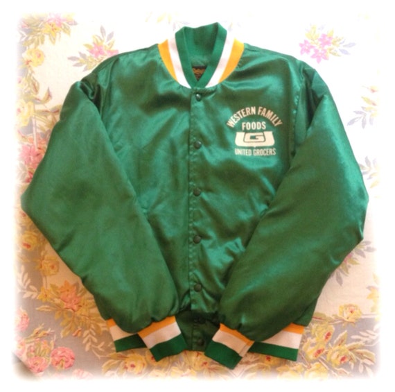 Green satin baseball jacket Vintage 70s Size L Swingster