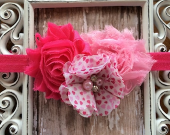 Valentine's Day Pink White Hearts Shabby Chic Frayed Flowers Headband Babies Toddlers Girls Women