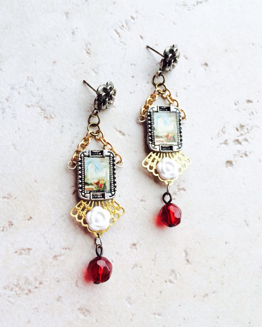 Virgin Mary Flower Earrings Religious Photo Post Earrings