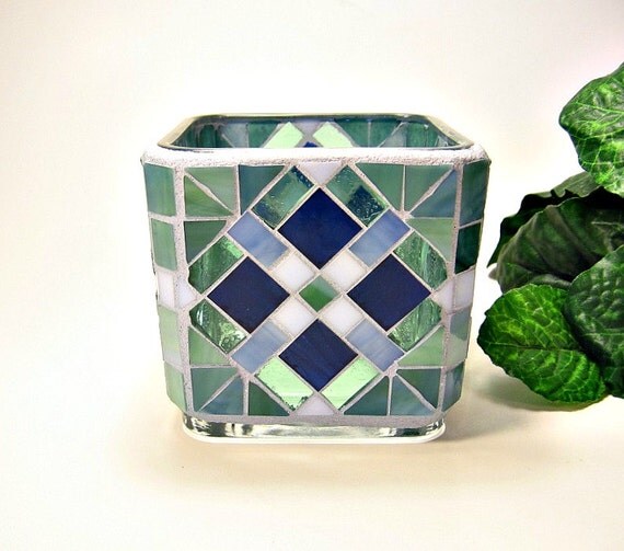 Stained glass mosaic votive candle holder navy blue sea green