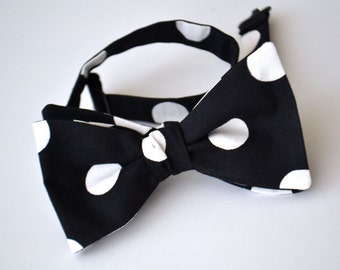 Bow Tie Freestyle- Black With Large White Dots- Adjustable Length- Remove with Bow In Tact